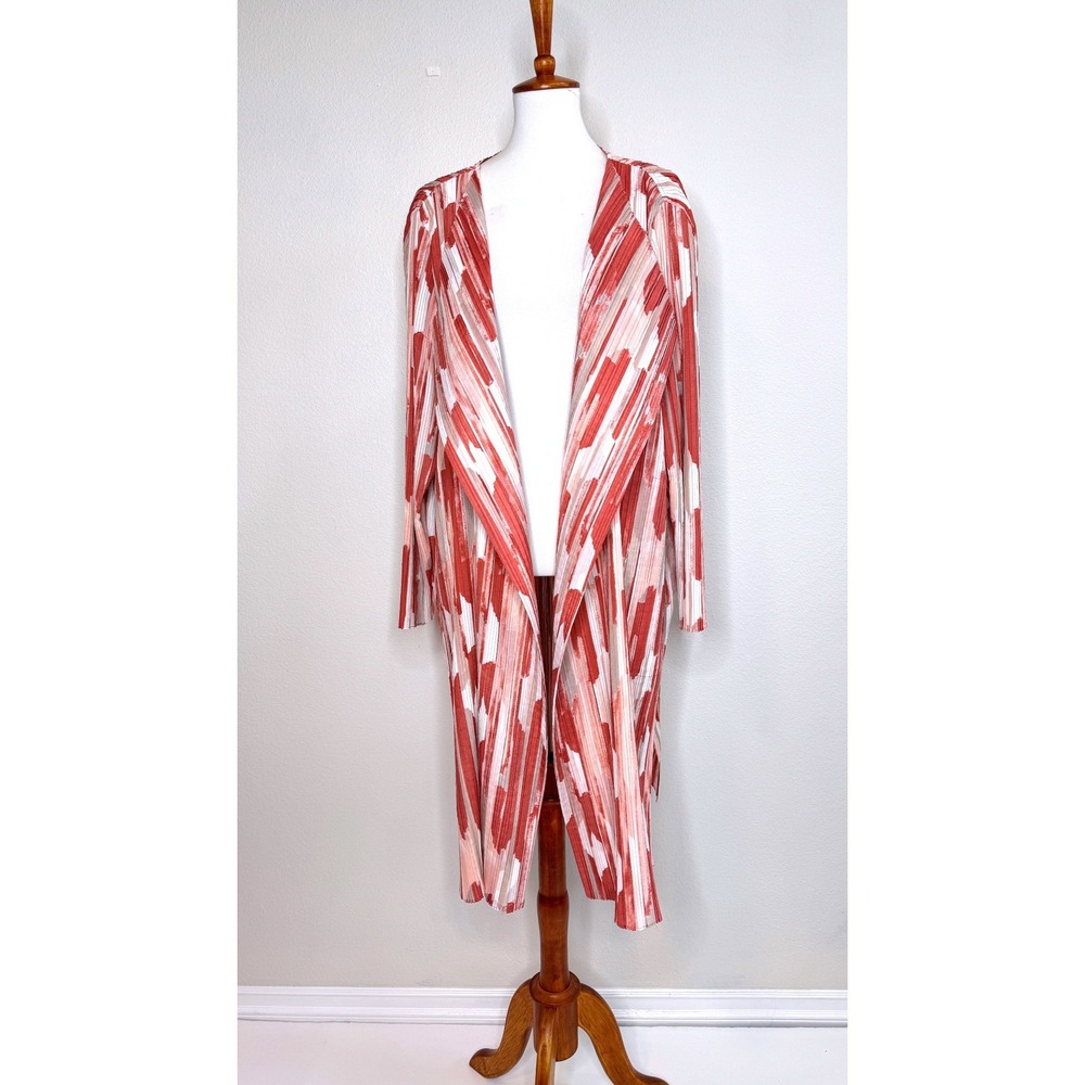 CHICO'S TRAVELERS Pleated Open Front Duster 16/18 Artsy Print Coral Art to Wear - Picture 2 of 8